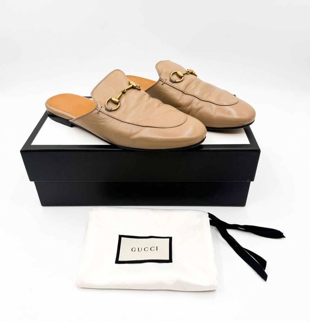 Gucci Princetown Horsebit Tan Leather Loafers Mules Slip On Flats 8.5